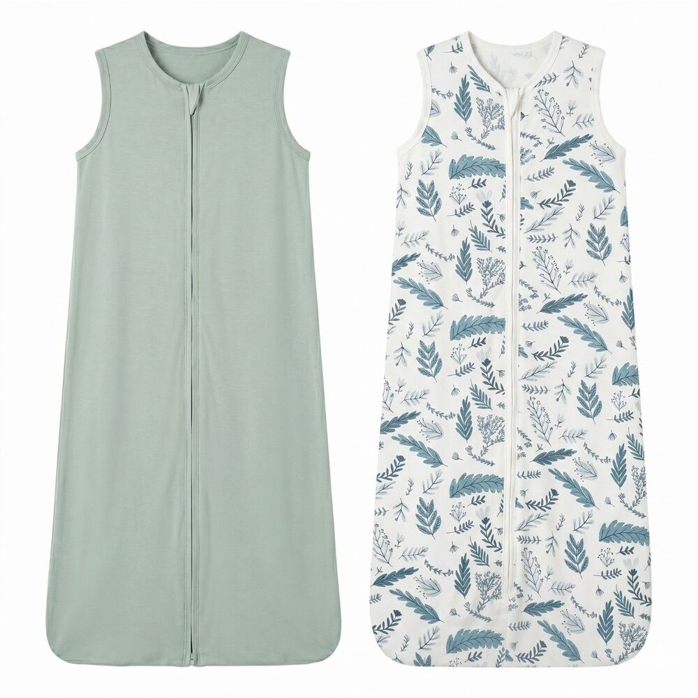 🌙 Totchill Set of 2 ButterySoft Sleep Sacks XL 2-4T 0.5 Tog Green & Leaf Print